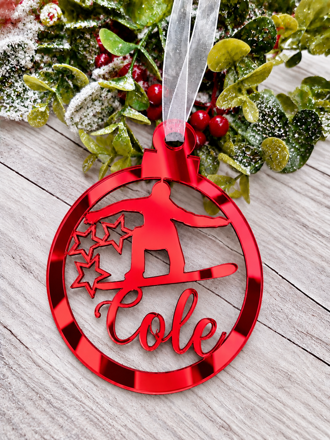 Load image into Gallery viewer, Personalised snowboarder Christmas decoration in red mirrored acrylic
