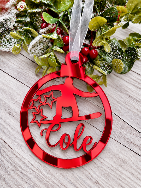 Personalised snowboarder Christmas decoration in red mirrored acrylic