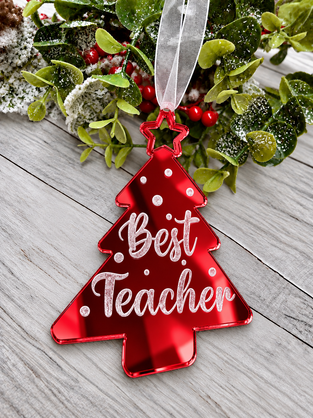 Load image into Gallery viewer, Personalised Best Teacher tree Christmas decoration in red mirrored acrylic
