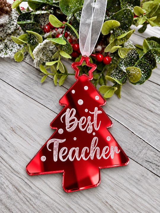 Personalised Best Teacher tree Christmas decoration in red mirrored acrylic