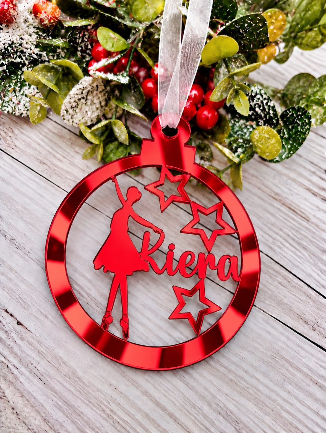 Load image into Gallery viewer, Personalised ballerina Christmas decoration in red mirrored acrylic
