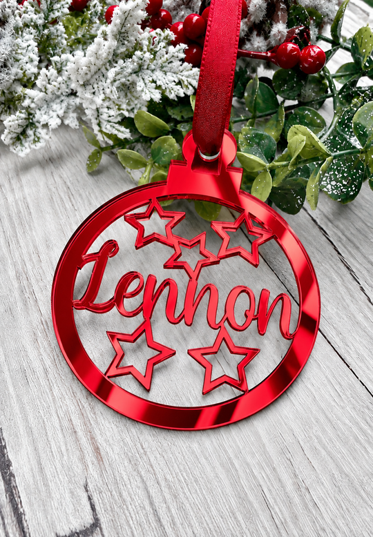 Personalised star Christmas decoration in red mirrored acrylic