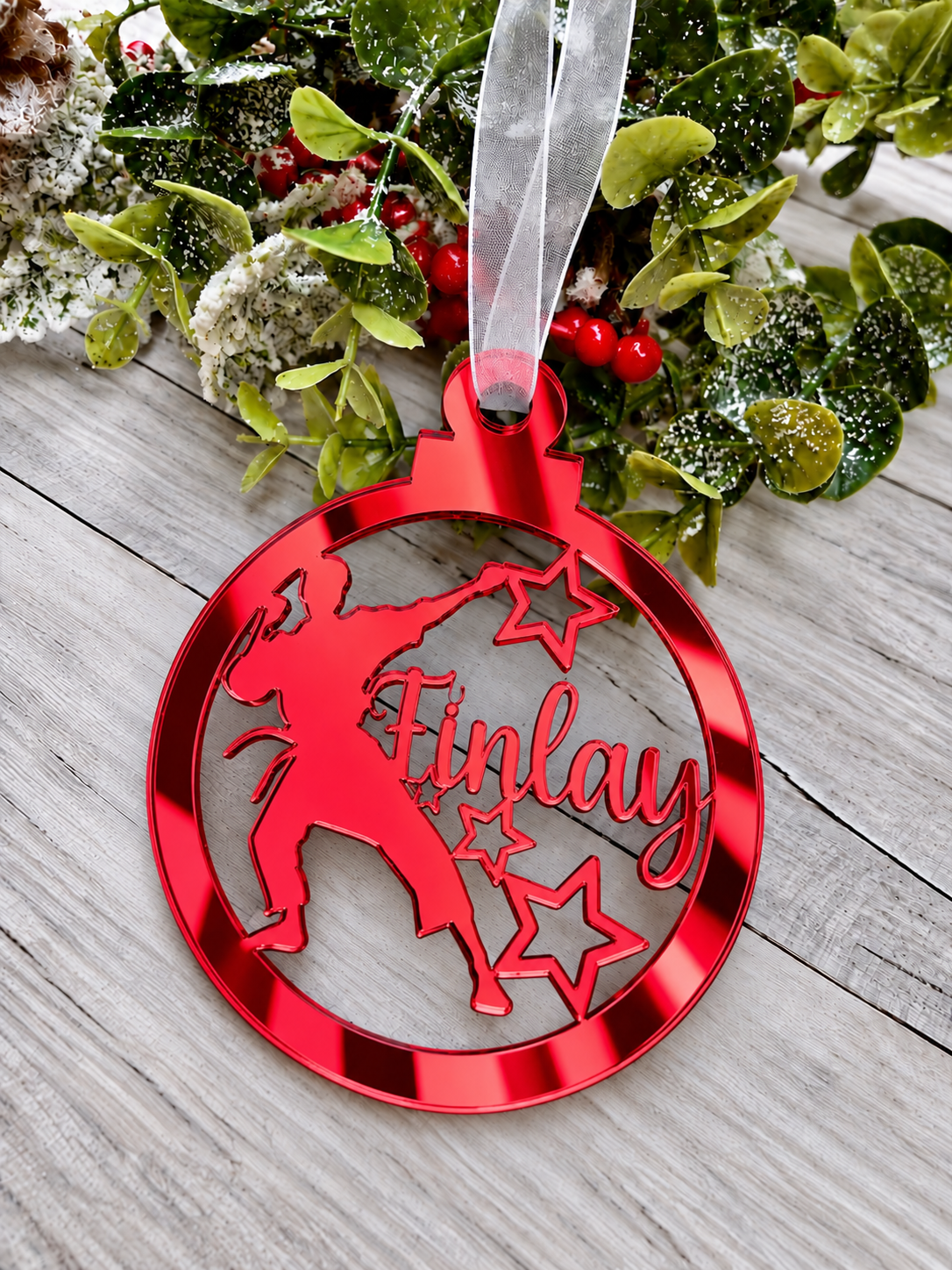 Load image into Gallery viewer, Personalised karate Christmas decoration in red mirrored acrylic
