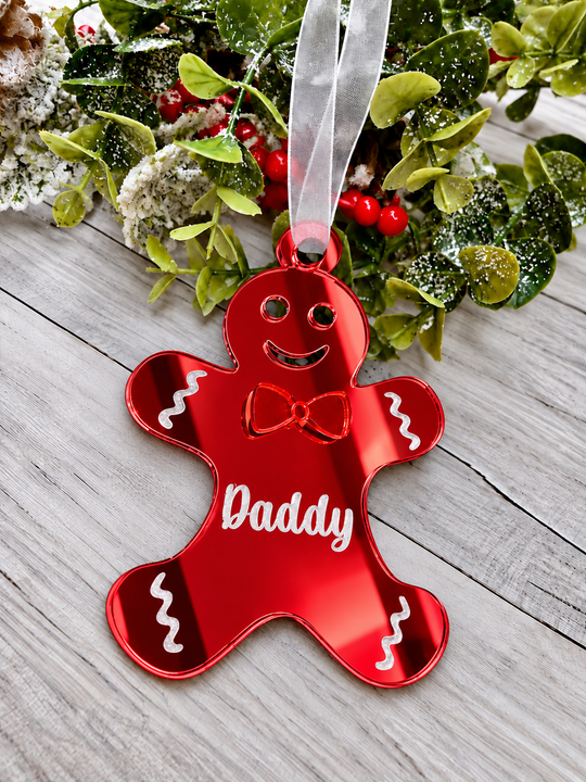 Personalised gingerbread man Christmas decoration in red mirrored acrylic