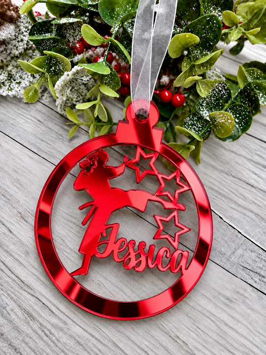 Personalised karate Christmas decoration in red mirrored acrylic