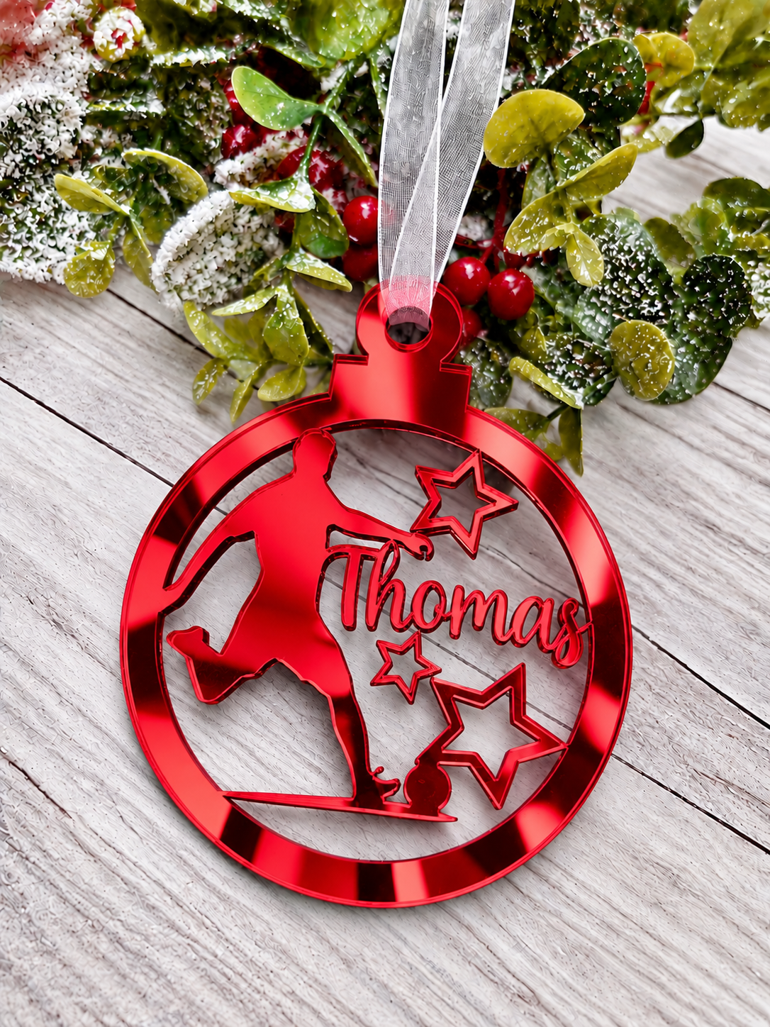 Load image into Gallery viewer, Personalised footballer Christmas decoration in red mirrored acrylic
