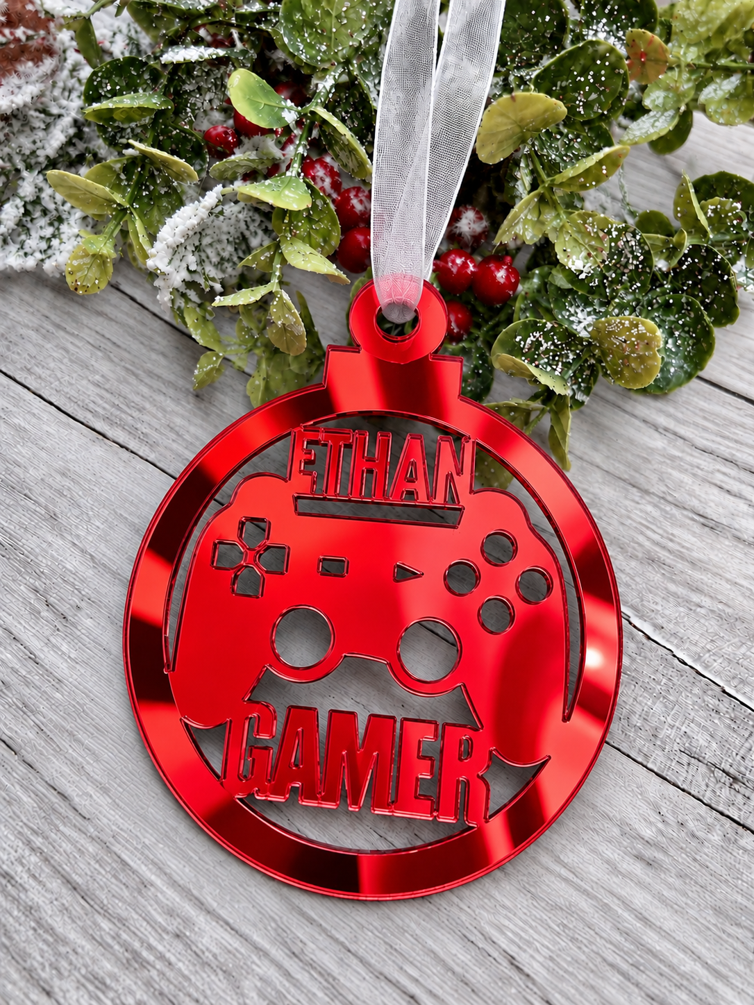 Load image into Gallery viewer, Personalised gamer Christmas decoration in red mirrored acrylic
