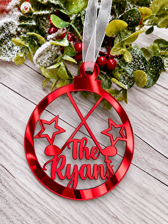Personalised golf Christmas decoration in red mirrored acrylic