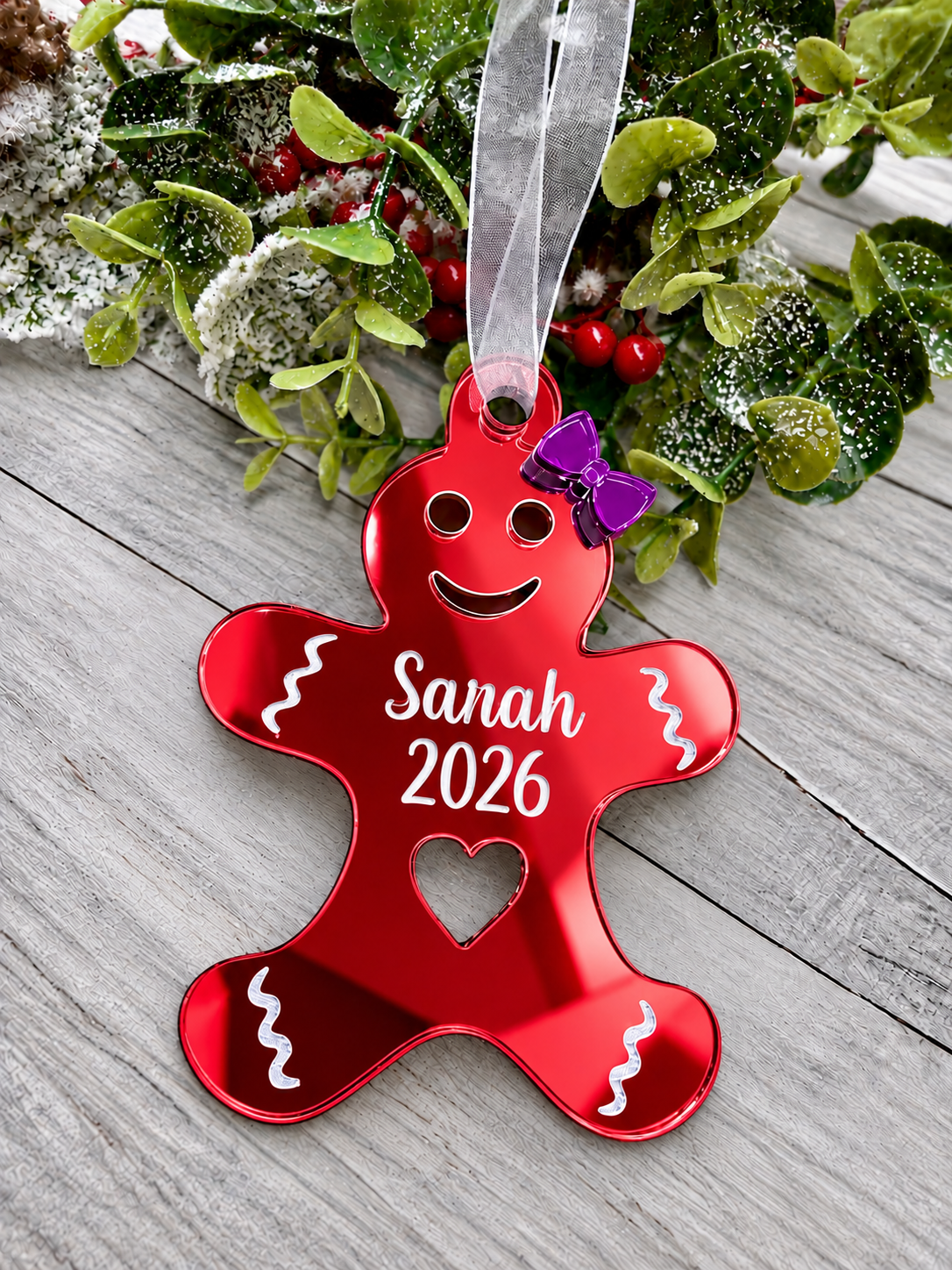Load image into Gallery viewer, Personalised gingerbread lady Christmas decoration in red mirrored acrylic
