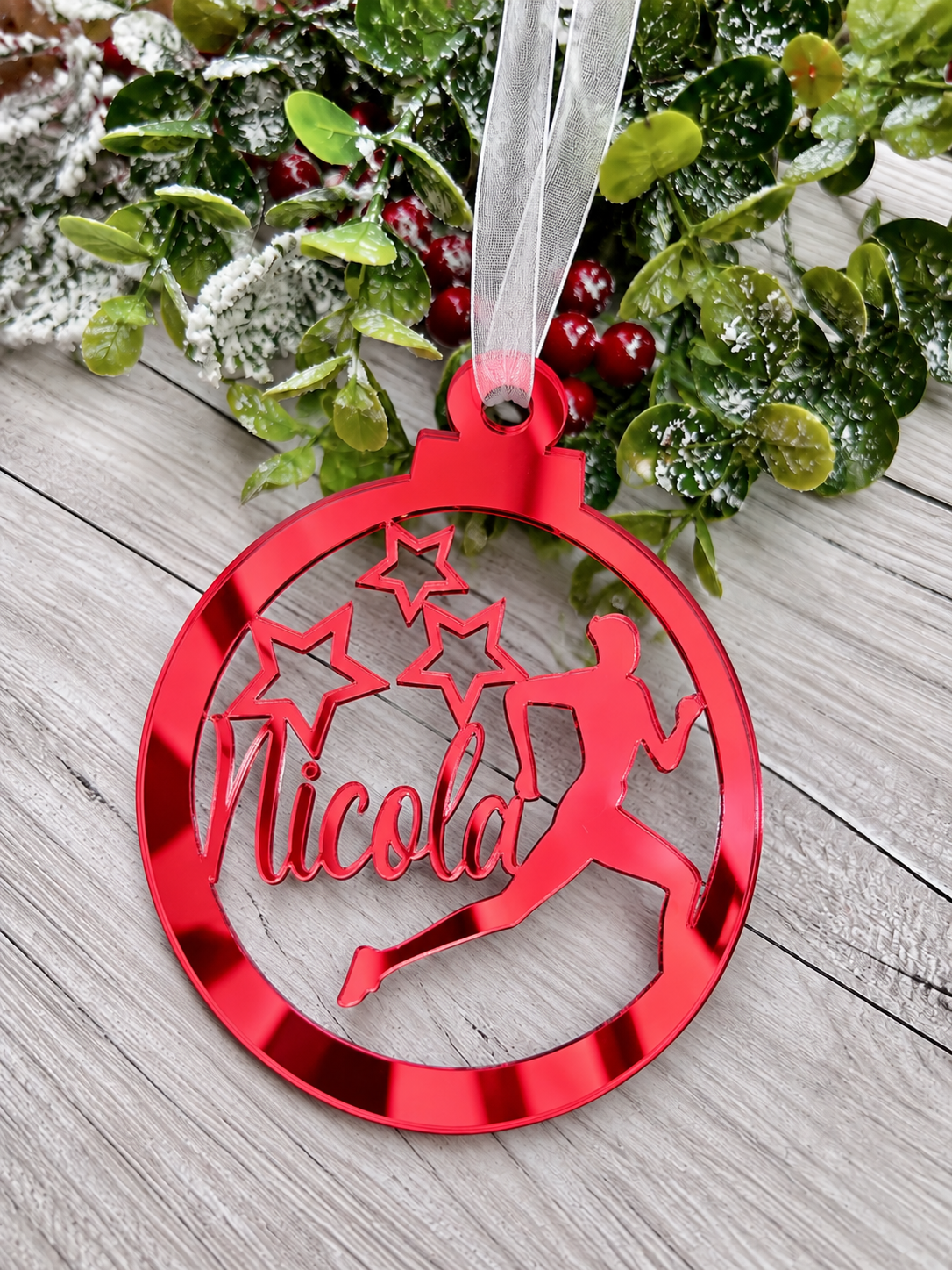 Load image into Gallery viewer, Personalised runner Christmas decoration in red mirrored acrylic
