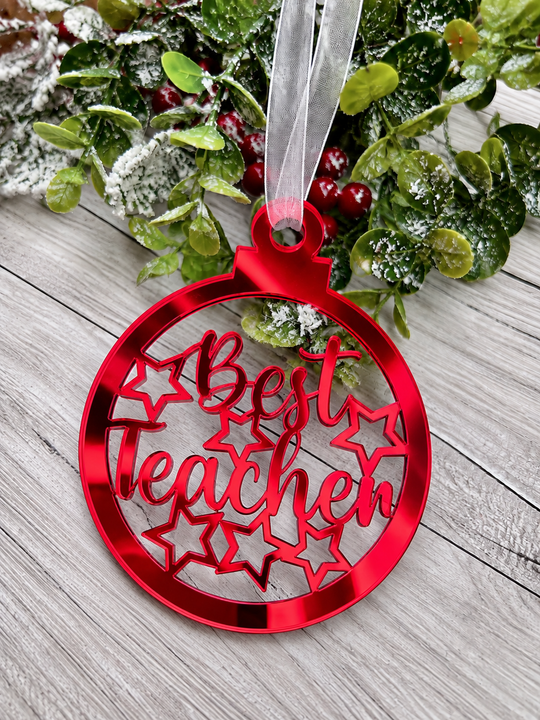 Personalised Best Teacher bauble Christmas decoration in red mirrored acrylic