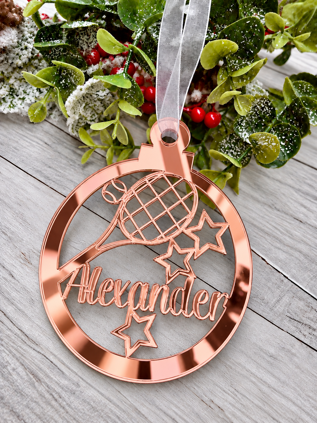Load image into Gallery viewer, Personalised tennis Christmas decoration in rose gold mirrored acrylic
