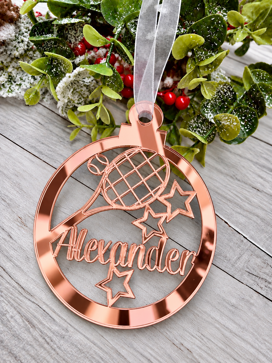 Personalised tennis Christmas decoration in rose gold mirrored acrylic