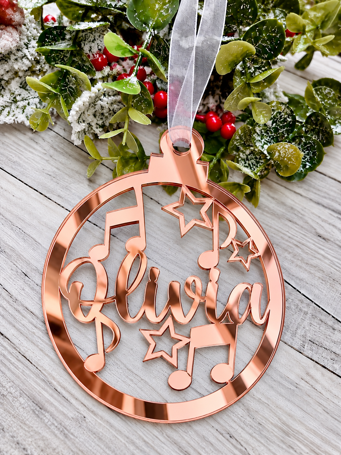 Load image into Gallery viewer, Personalised music notes Christmas decoration in rose gold mirrored acrylic
