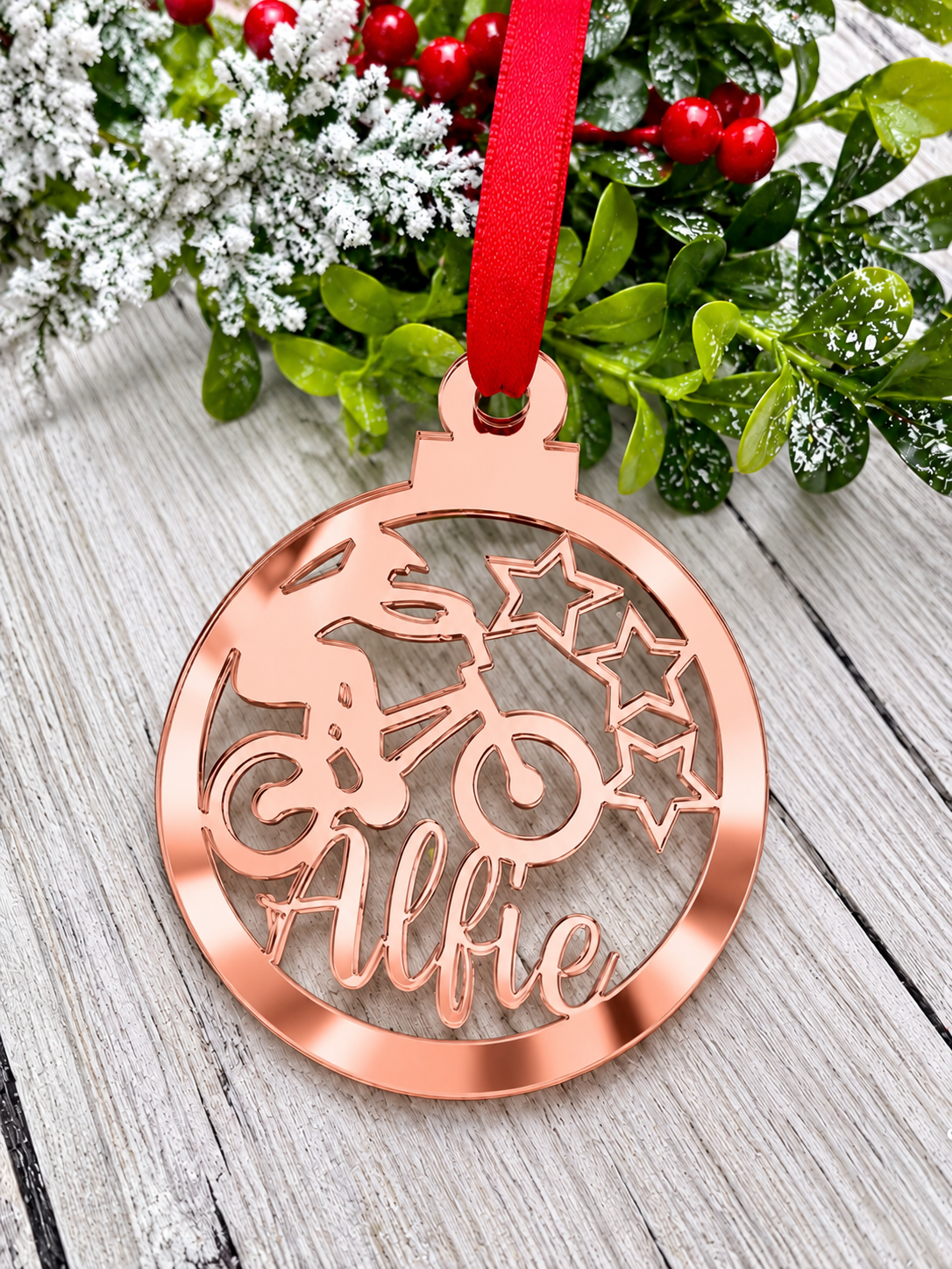 Load image into Gallery viewer, Personalised BMX Christmas decoration in rose gold mirrored acrylic
