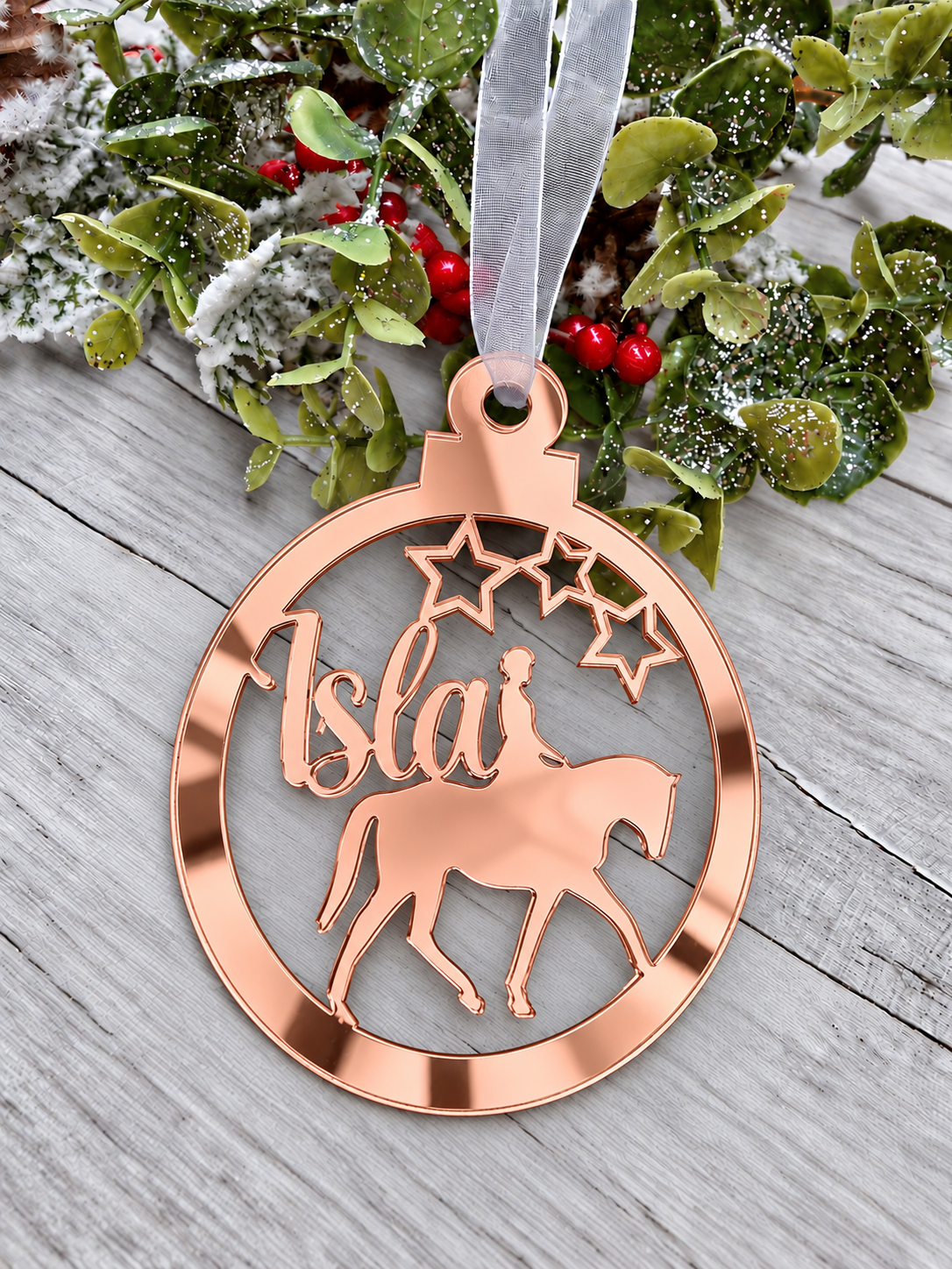 Load image into Gallery viewer, Personalised horse rider Christmas decoration in rose gold mirrored acrylic
