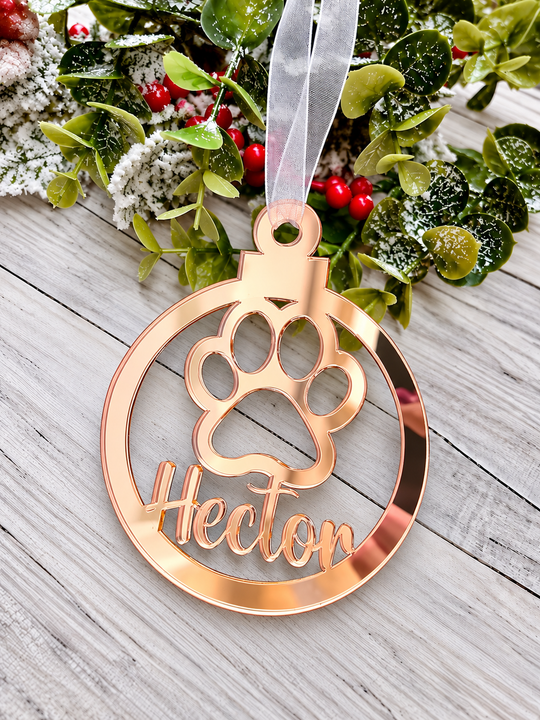Personalised paw print Christmas decoration in rose gold mirrored acrylic