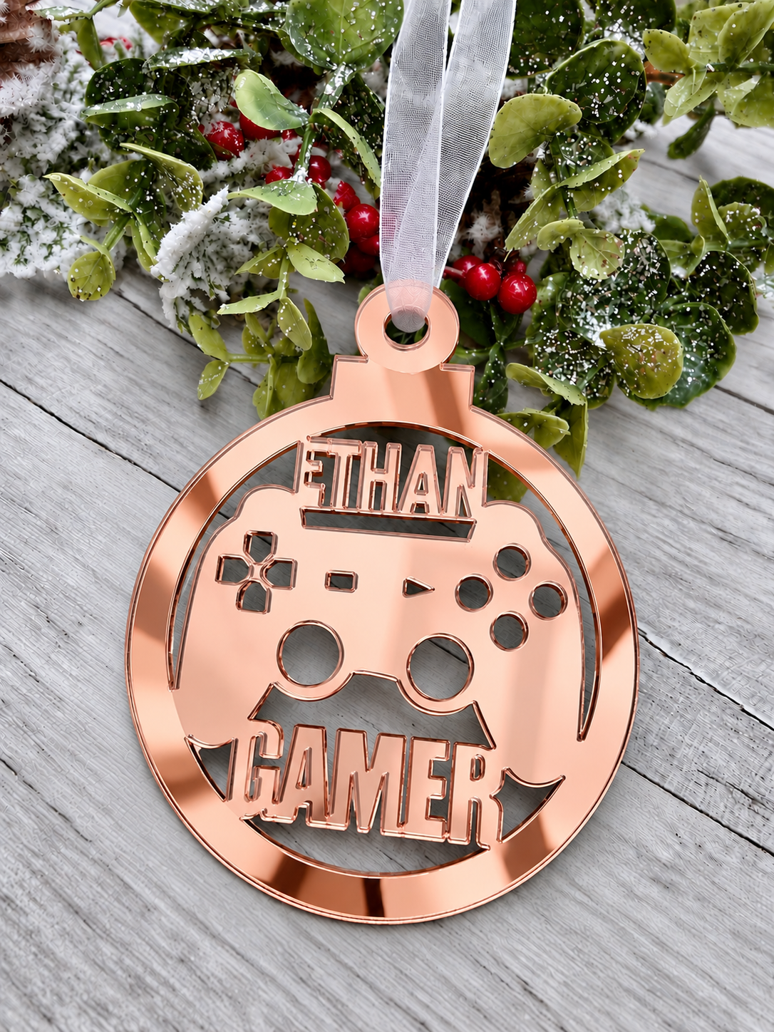Load image into Gallery viewer, Personalised gamer Christmas decoration in rose gold mirrored acrylic
