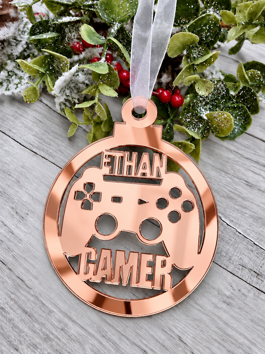 Personalised gamer Christmas decoration in rose gold mirrored acrylic