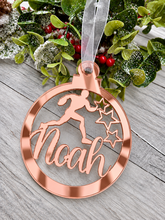 Personalised rugby Christmas decoration in rose gold mirrored acrylic