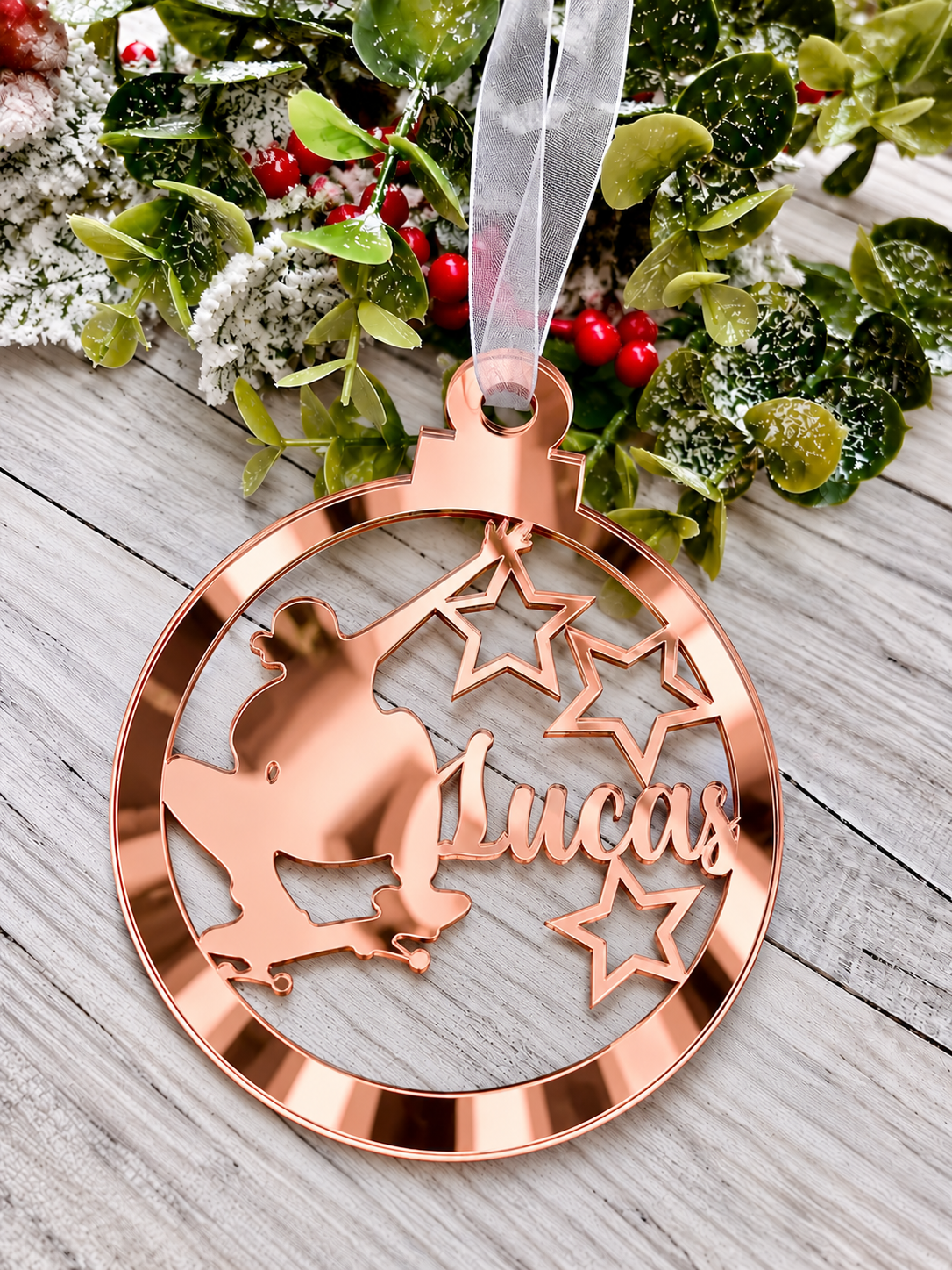 Load image into Gallery viewer, Personalised skateboarder Christmas decoration in rose gold mirrored acrylic
