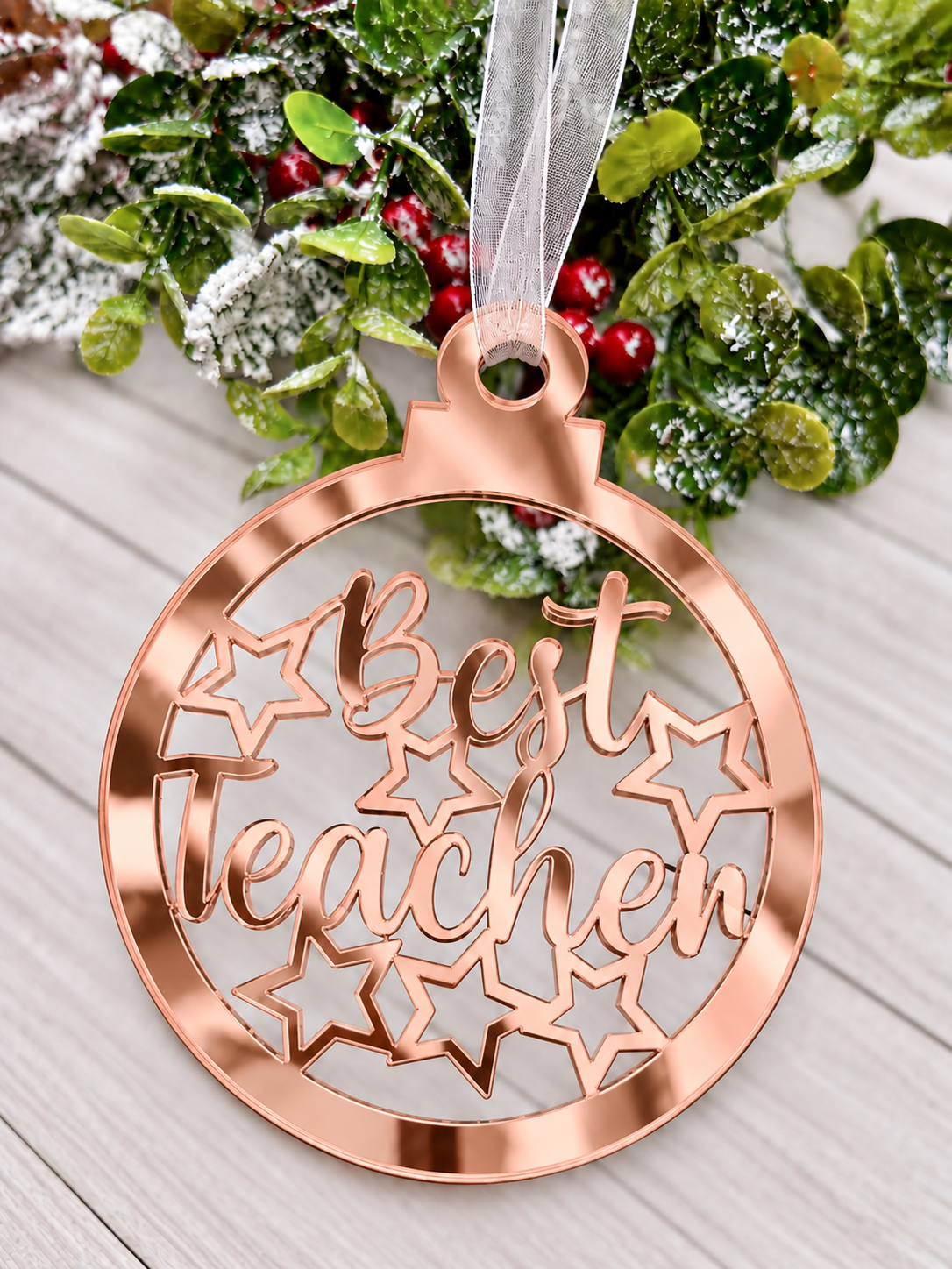 Load image into Gallery viewer, Personalised Best Teacher bauble Christmas decoration in rose gold mirrored acrylic
