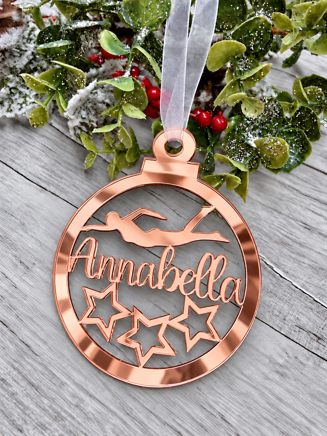 Load image into Gallery viewer, Personalised swimmer Christmas decoration in rose gold mirrored acrylic
