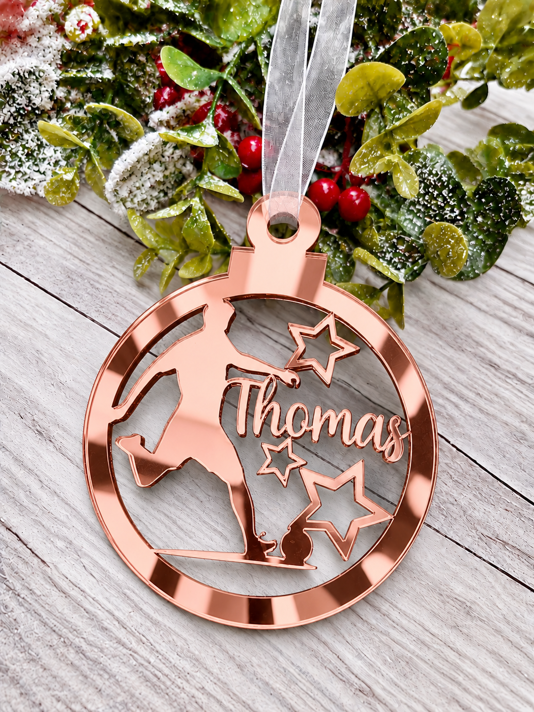 Load image into Gallery viewer, Personalised footballer Christmas decoration in rose gold mirrored acrylic
