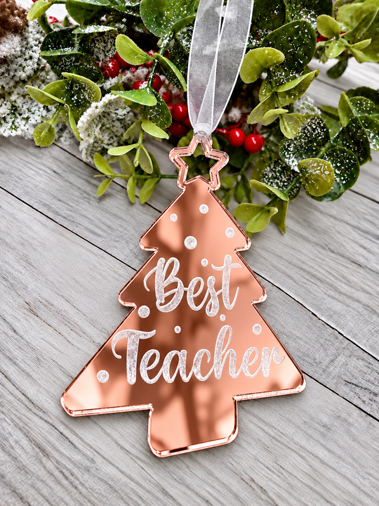 Personalised Best Teacher tree Christmas decoration in rose gold mirrored acrylic