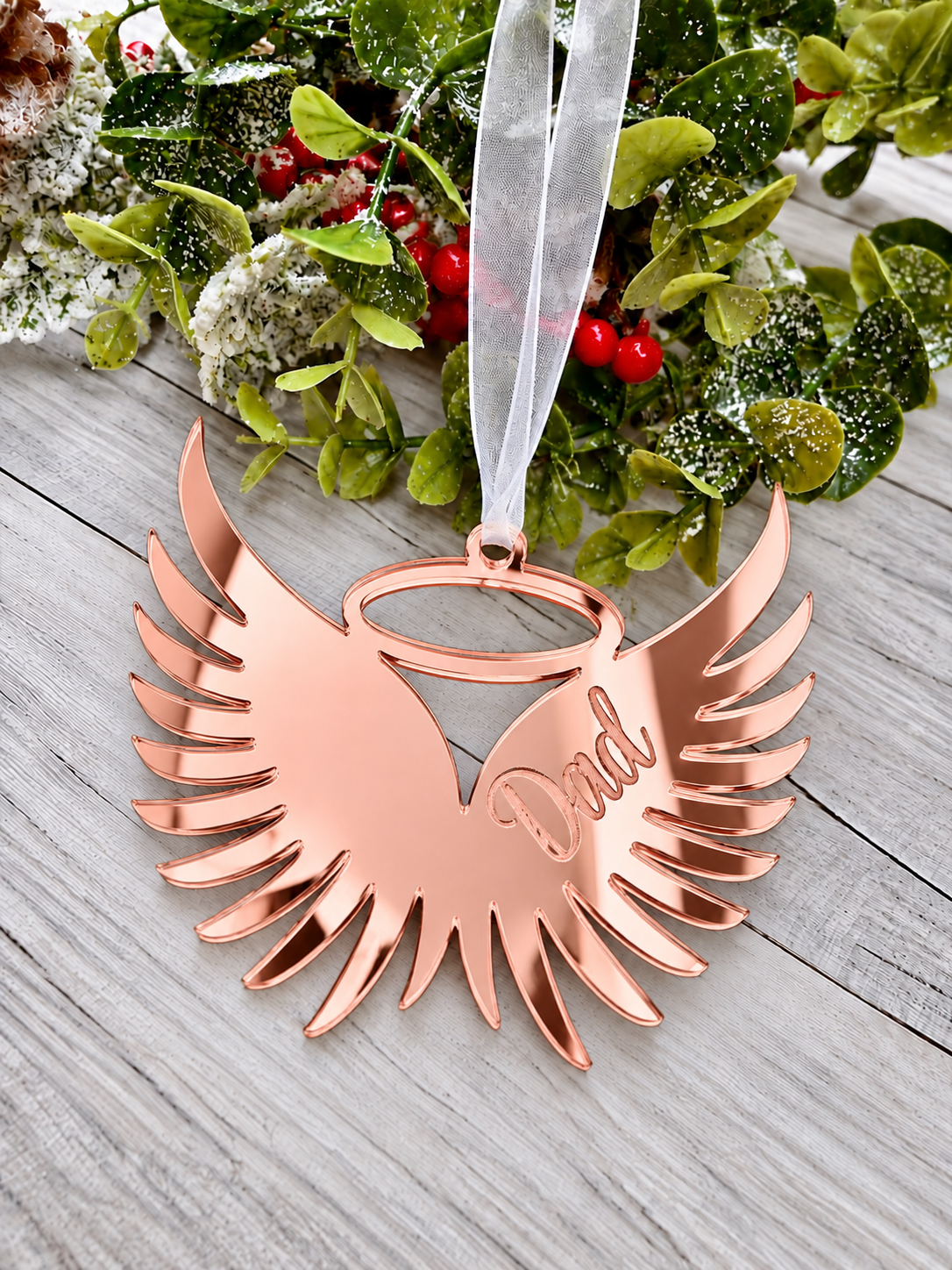 Load image into Gallery viewer, Angel wings in memory Christmas decoration in rose gold mirrored acrylic engraved with a name
