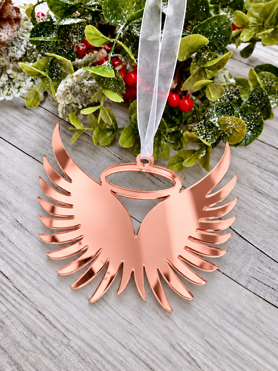 Load image into Gallery viewer, Angel wings in memory Christmas decoration in rose gold mirrored acrylic, plain
