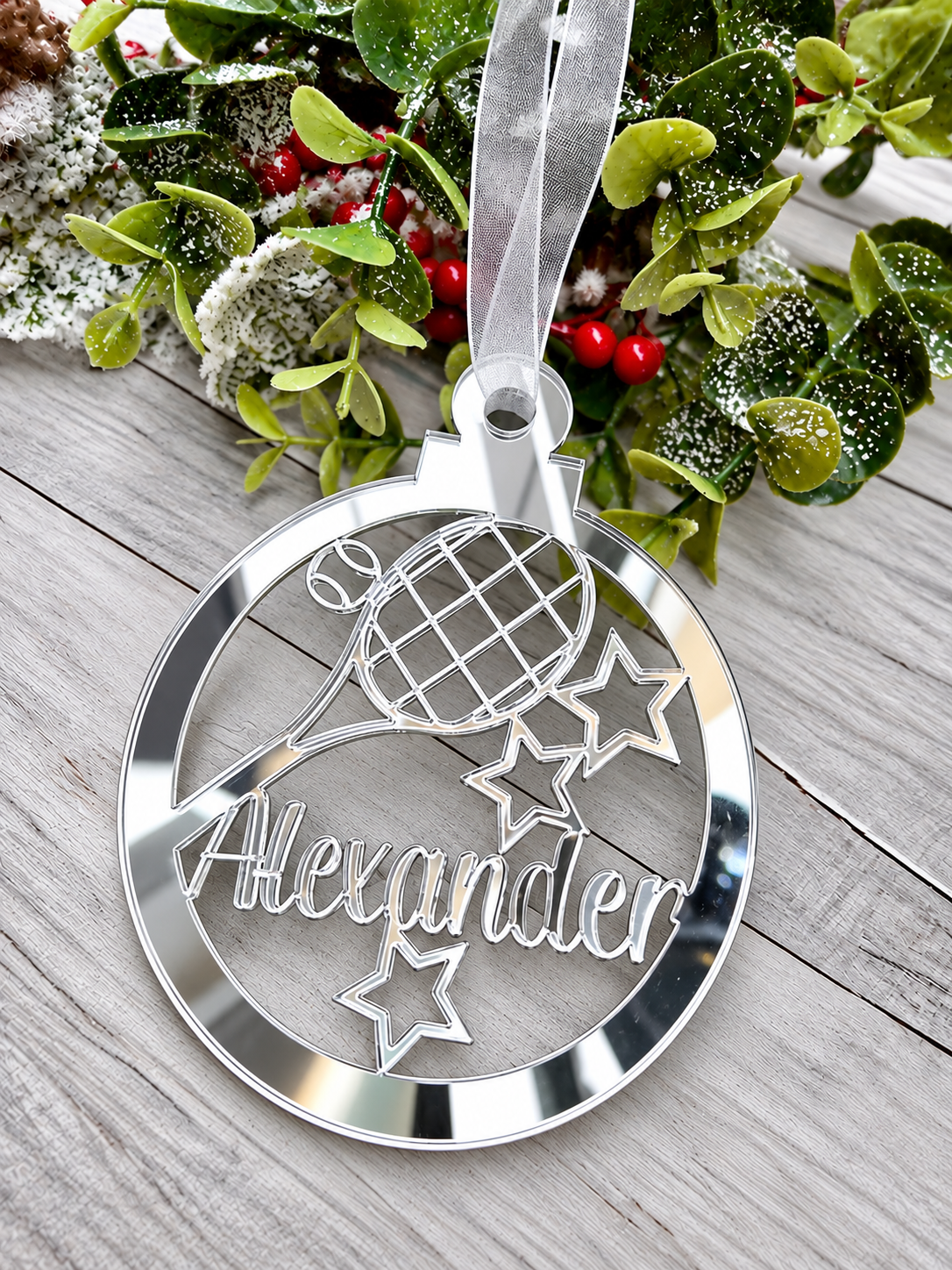 Load image into Gallery viewer, Personalised tennis Christmas decoration in silver mirrored acrylic
