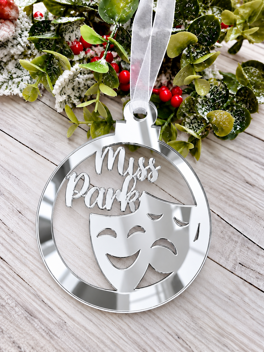 Load image into Gallery viewer, Personalised drama Christmas decoration in silver mirrored acrylic
