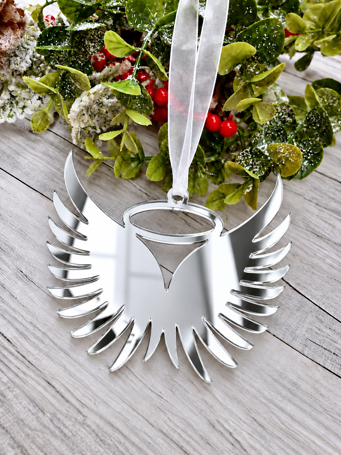 Load image into Gallery viewer, Angel wings in memory Christmas decoration in silver mirrored acrylic, plain
