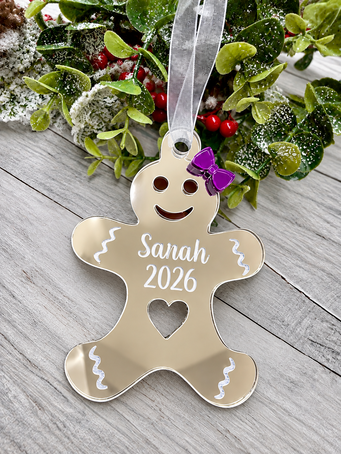 Load image into Gallery viewer, Personalised gingerbread lady Christmas decoration in silver mirrored acrylic
