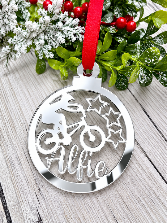 Personalised BMX Christmas decoration in silver mirrored acrylic
