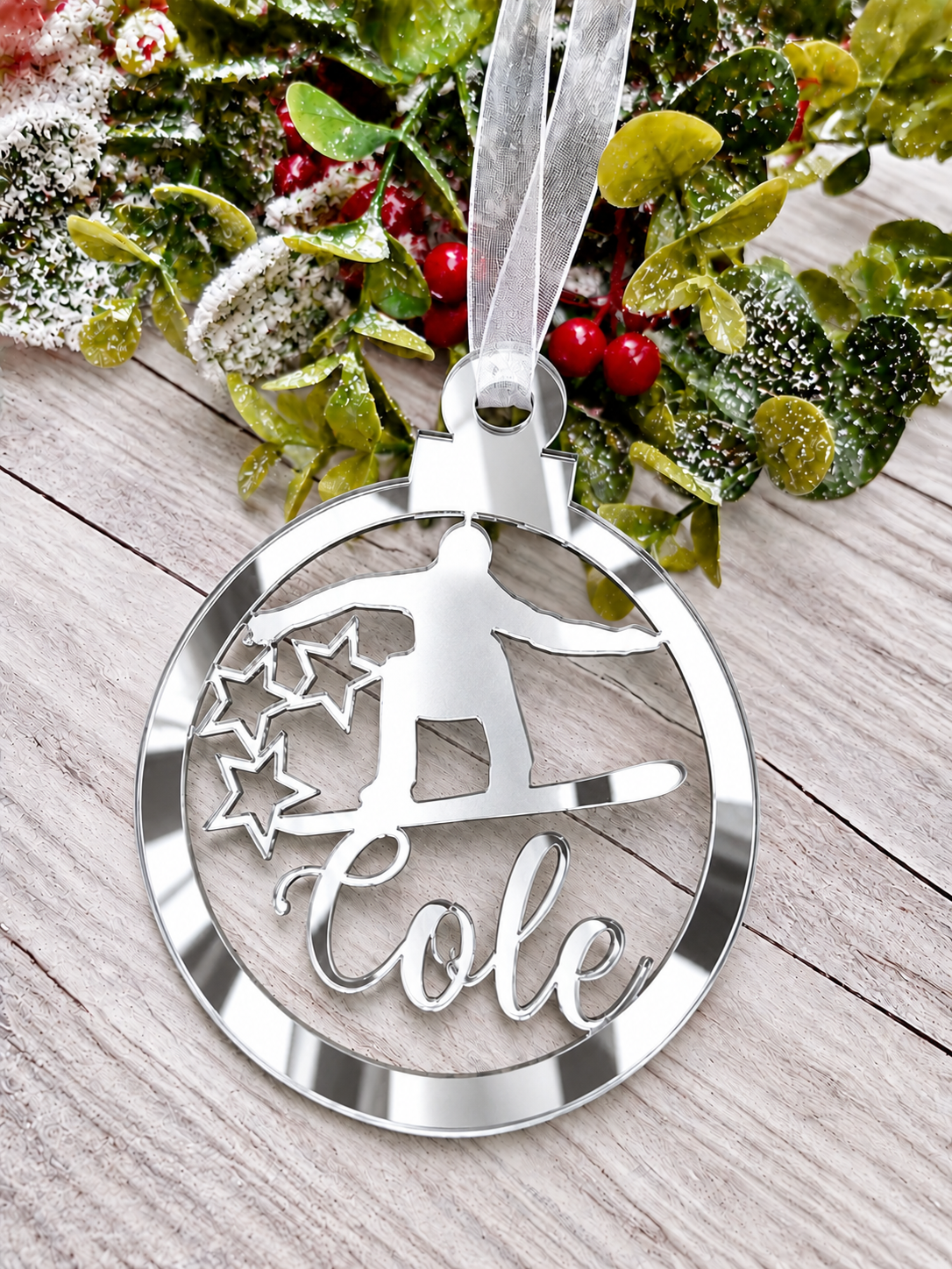 Load image into Gallery viewer, Personalised snowboarder Christmas decoration in silver mirrored acrylic
