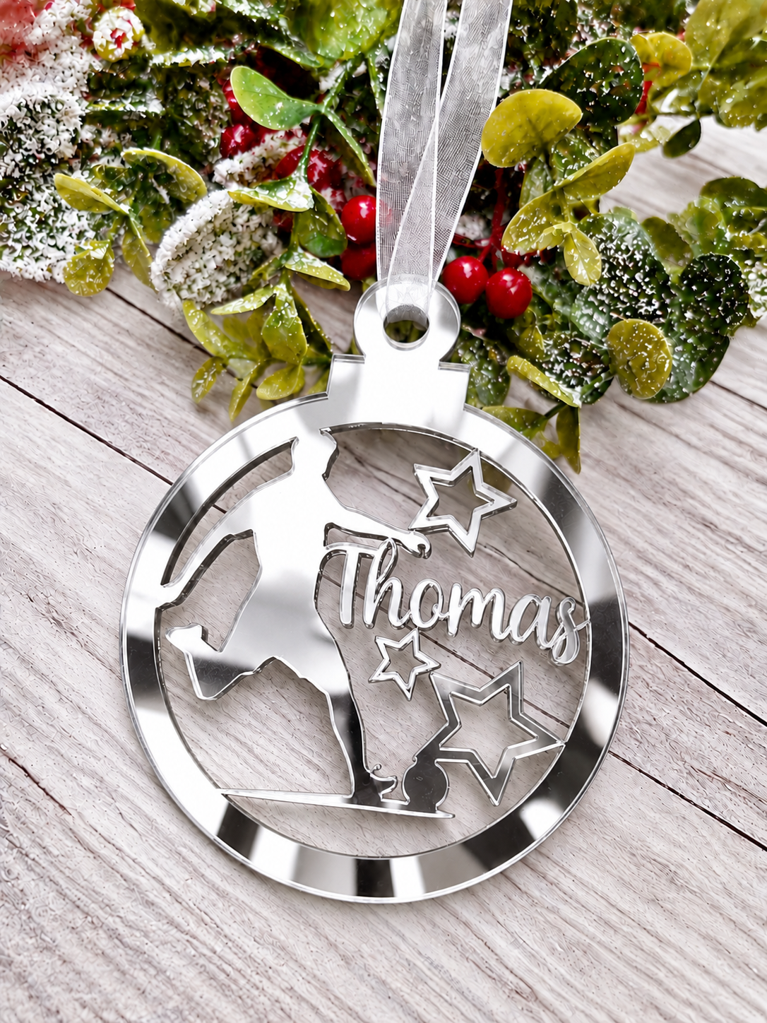Load image into Gallery viewer, Personalised footballer Christmas decoration in silver mirrored acrylic
