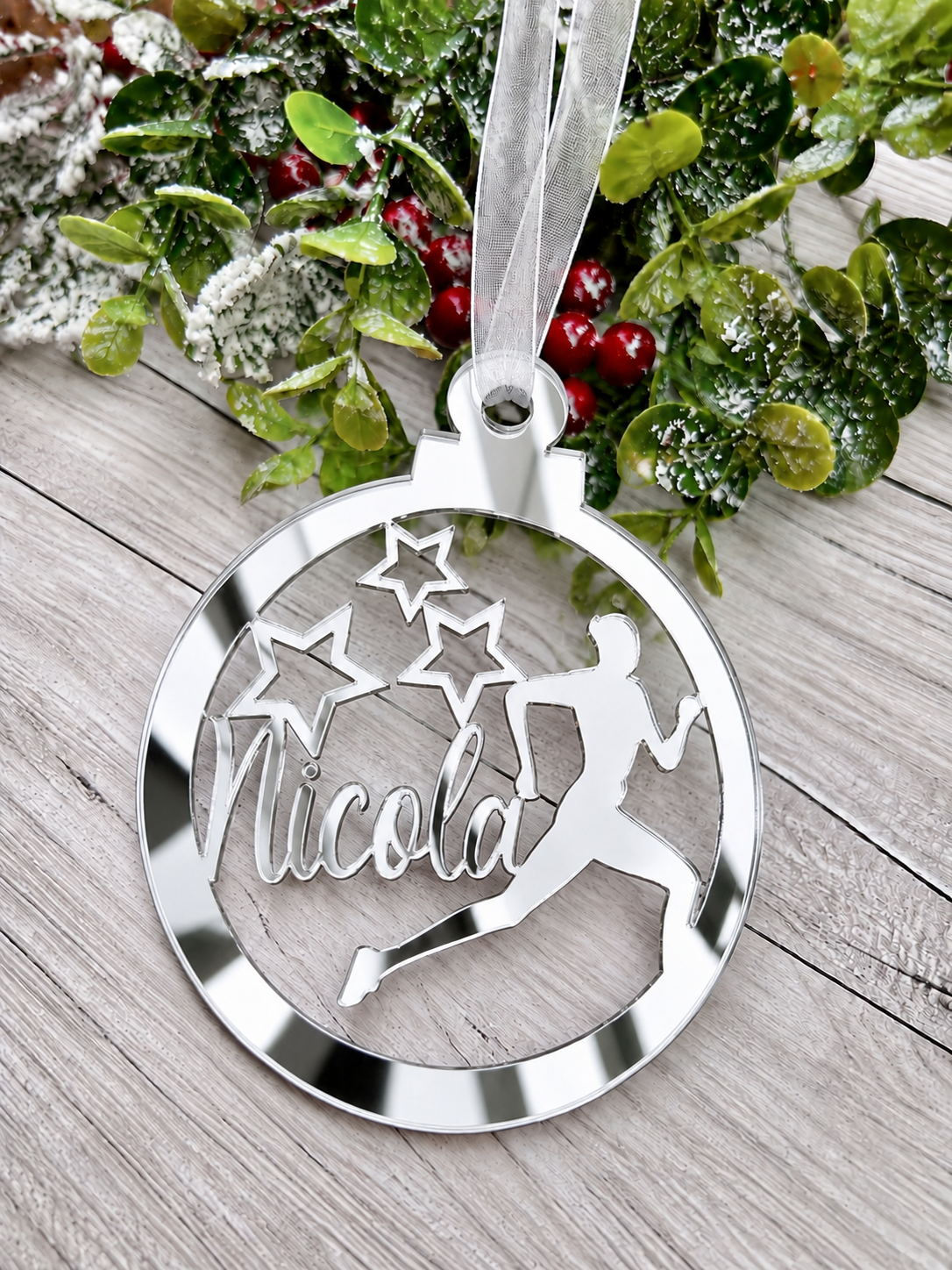 Load image into Gallery viewer, Personalised runner Christmas decoration in silver mirrored acrylic
