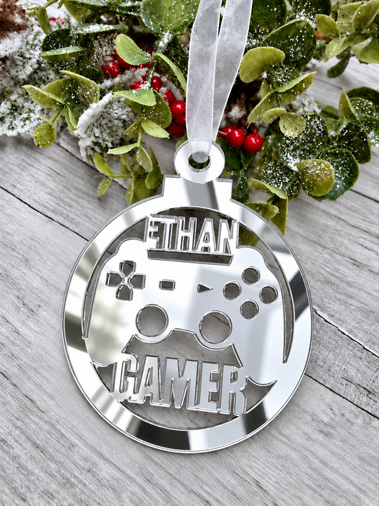Personalised gamer Christmas decoration in silver mirrored acrylic