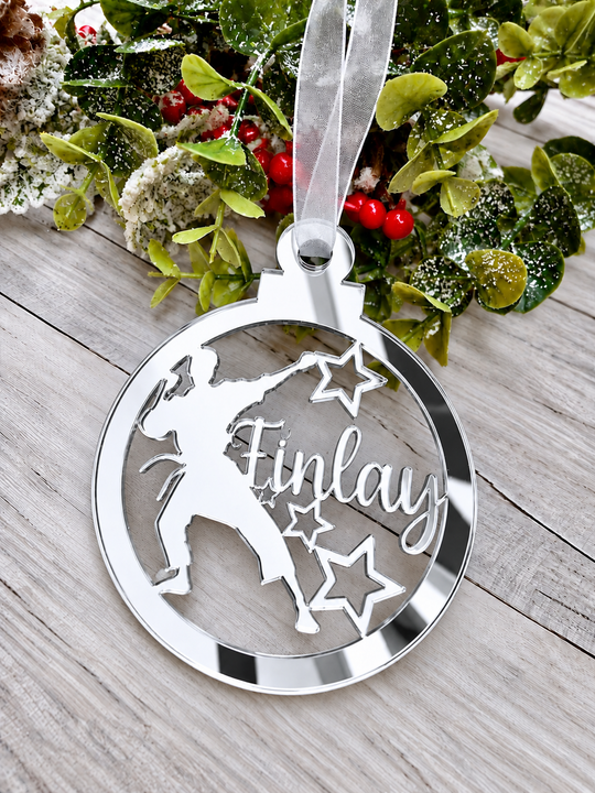 Personalised karate Christmas decoration in silver mirrored acrylic