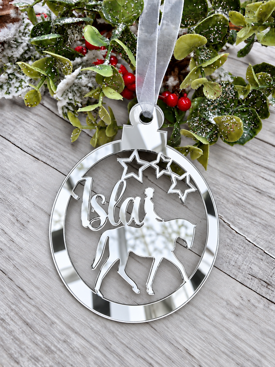 Personalised horse rider Christmas decoration in silver mirrored acrylic