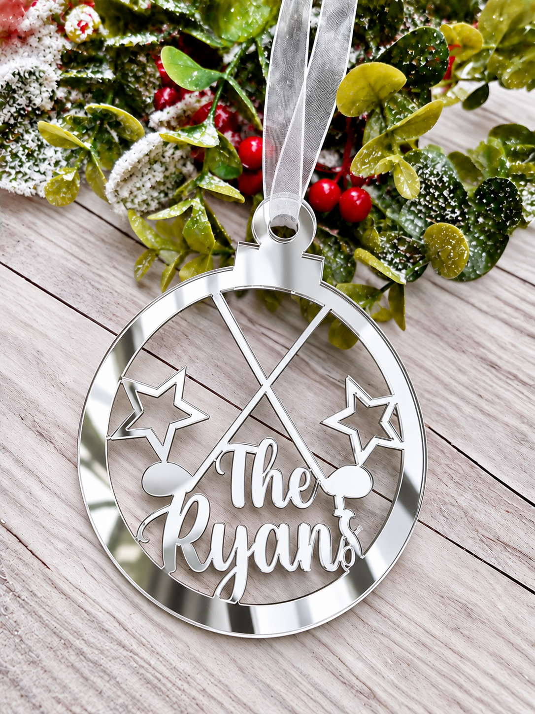 Load image into Gallery viewer, Personalised golf Christmas decoration in silver mirrored acrylic
