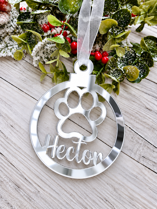 Personalised paw print Christmas decoration in silver mirrored acrylic