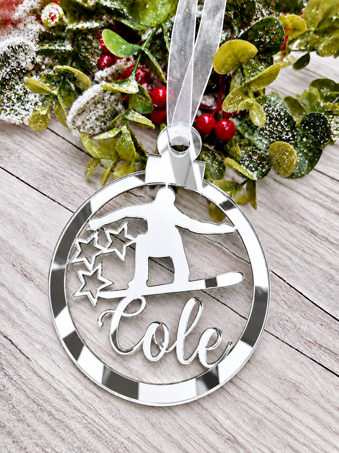 Load image into Gallery viewer, Personalised snowboarder Christmas decoration in silver mirrored acrylic
