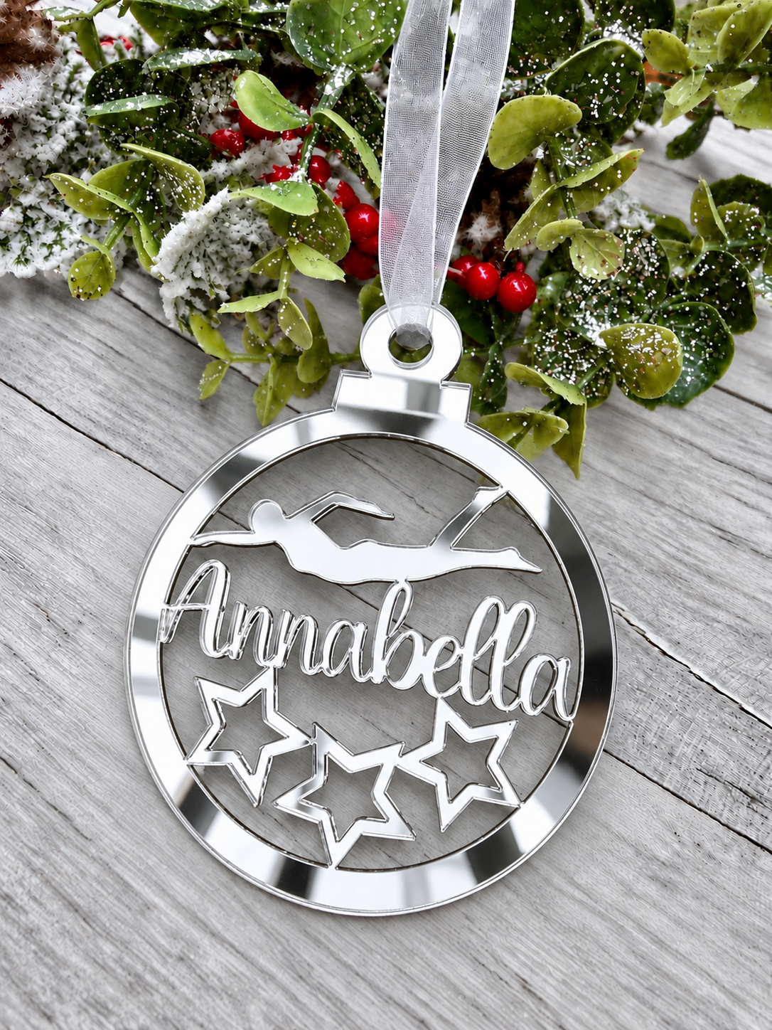 Load image into Gallery viewer, Personalised swimmer Christmas decoration in silver mirrored acrylic
