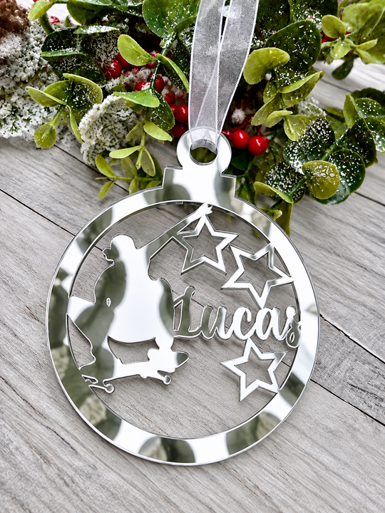 Personalised skateboarder Christmas decoration in silver mirrored acrylic