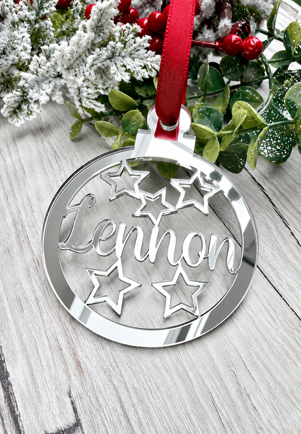 Load image into Gallery viewer, Personalised star Christmas decoration in silver mirrored acrylic
