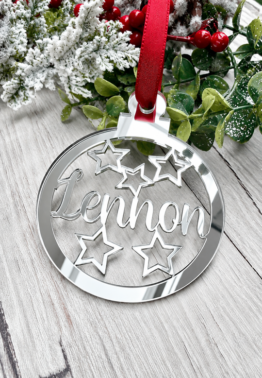 Personalised star Christmas decoration in silver mirrored acrylic