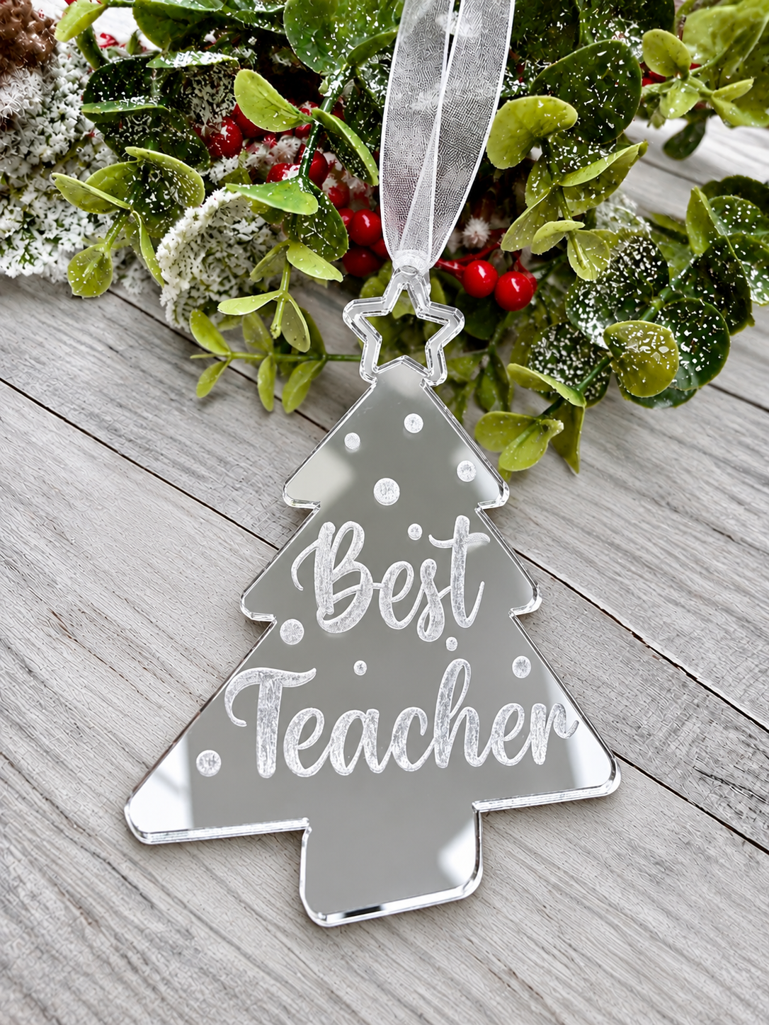 Load image into Gallery viewer, Personalised Best Teacher tree Christmas decoration in silver mirrored acrylic
